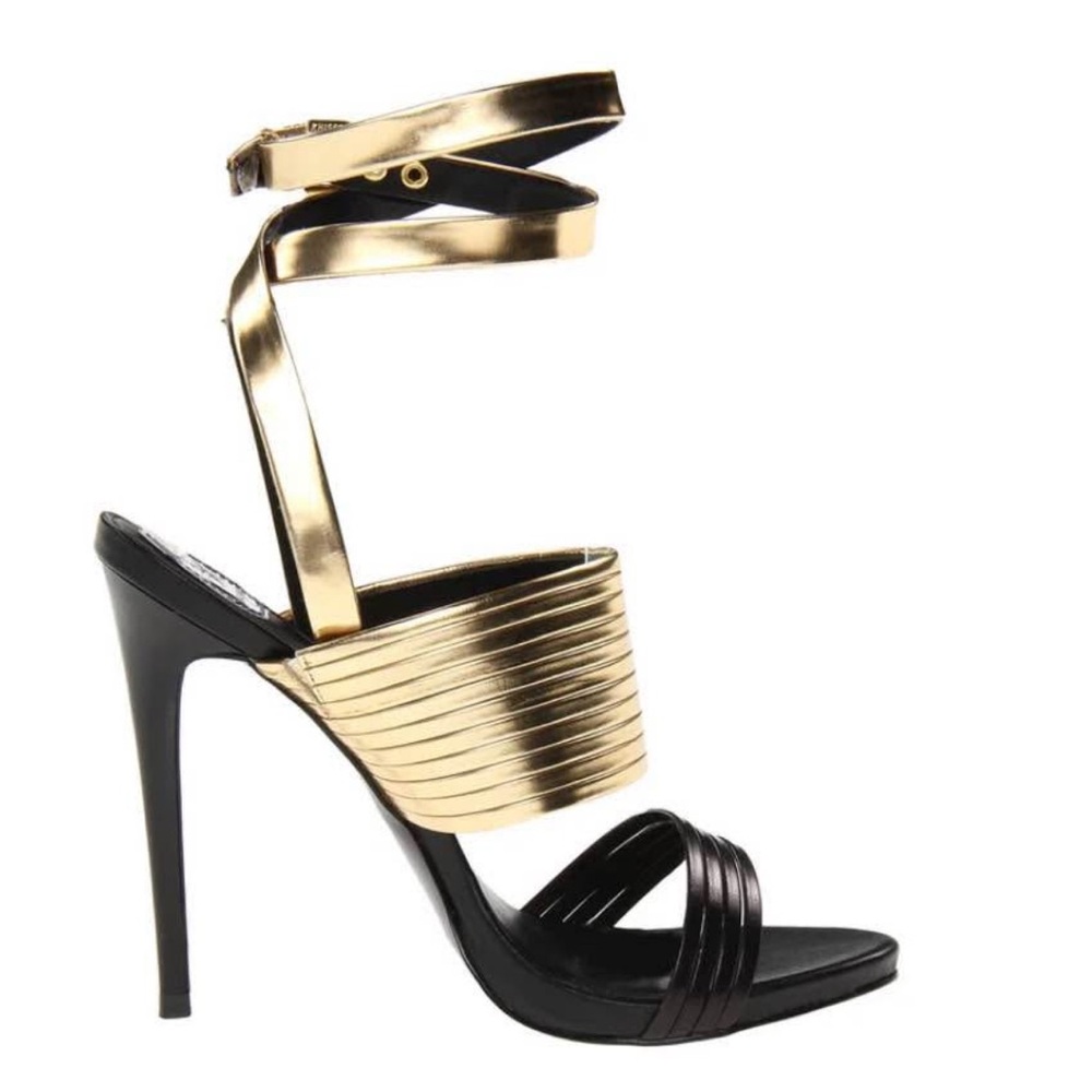 Donald J. Pliner NWOT Black Gold Wrap Around Ankle Strap Platform Heels (Size 8) - Picture 2 of 8